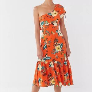 Urban Outfitters Carmen Orange Floral Linen One-Shoulder Ruffle Midi Dress - M